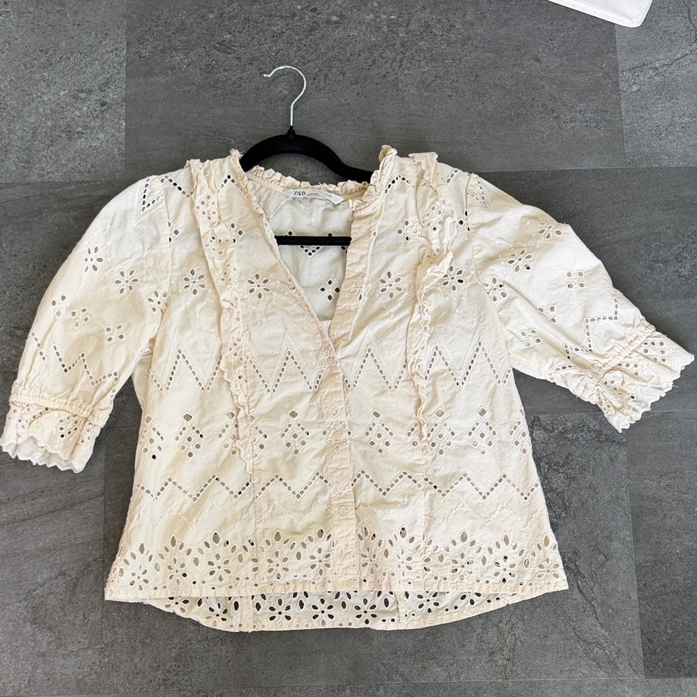 Zara Cream Eyelet Ruffle Blouse